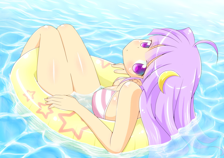 ahoge blush commentary_request crescent crescent_hair_ornament female hair_ornament kasumisometsuki long_hair partially_submerged patchouli_knowledge purple_eyes purple_hair solo star_(symbol) swimsuit touhou water