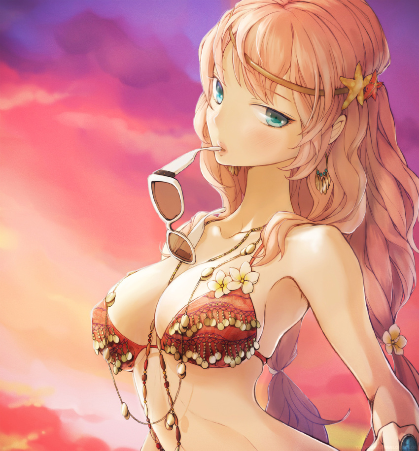 anko_anko aqua_eyes bikini breasts collarbone commentary_request earrings female flower hair_flower hair_ornament headband highres hoop_earrings jewelry large_breasts long_hair looking_at_viewer megurine_luka mouth_hold necklace pink_hair plumeria ring solo starfish sunglasses sunset swimsuit twintails upper_body vocaloid