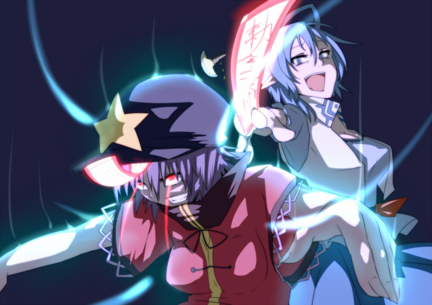 2girls anime_coloring beret between_fingers black_background blue_hair clenched_teeth commentary_request crazy glowing hat hat_ornament holding jiangshi kaku_seiga light_trail miyako_yoshika multiple_girls ofuda ofuda_between_fingers open_mouth outstretched_arm outstretched_arms purple_hair short_hair short_sleeves star_(symbol) star_hat_ornament teeth tenkomori_(bug_kura) touhou zombie_pose