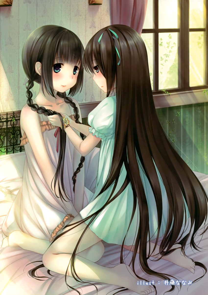 2girls absurdres adjusting_hair artist_name barefoot bed black_hair blush braid braiding_hair collarbone dress green_eyes hair_ribbon hairdressing hands_in_hair highres holding holding_own_hair indoors itou_nanami kneeling long_hair multiple_girls on_bed original pillow puffy_short_sleeves puffy_sleeves ribbon scan short_sleeves sitting smile sunlight twin_braids twintails tying_hair very_long_hair wariza wet window