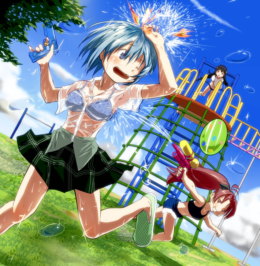 3girls ace_rocket akemi_homura bikini buruma cloud commentary_request day grass gym_uniform highres mahou_shoujo_madoka_magica mahou_shoujo_madoka_magica_(anime) miki_sayaka multiple_girls no_socks outdoors photoshop_(medium) running sakura_kyoko see-through sky splashing swimsuit water water_balloon water_gun wet