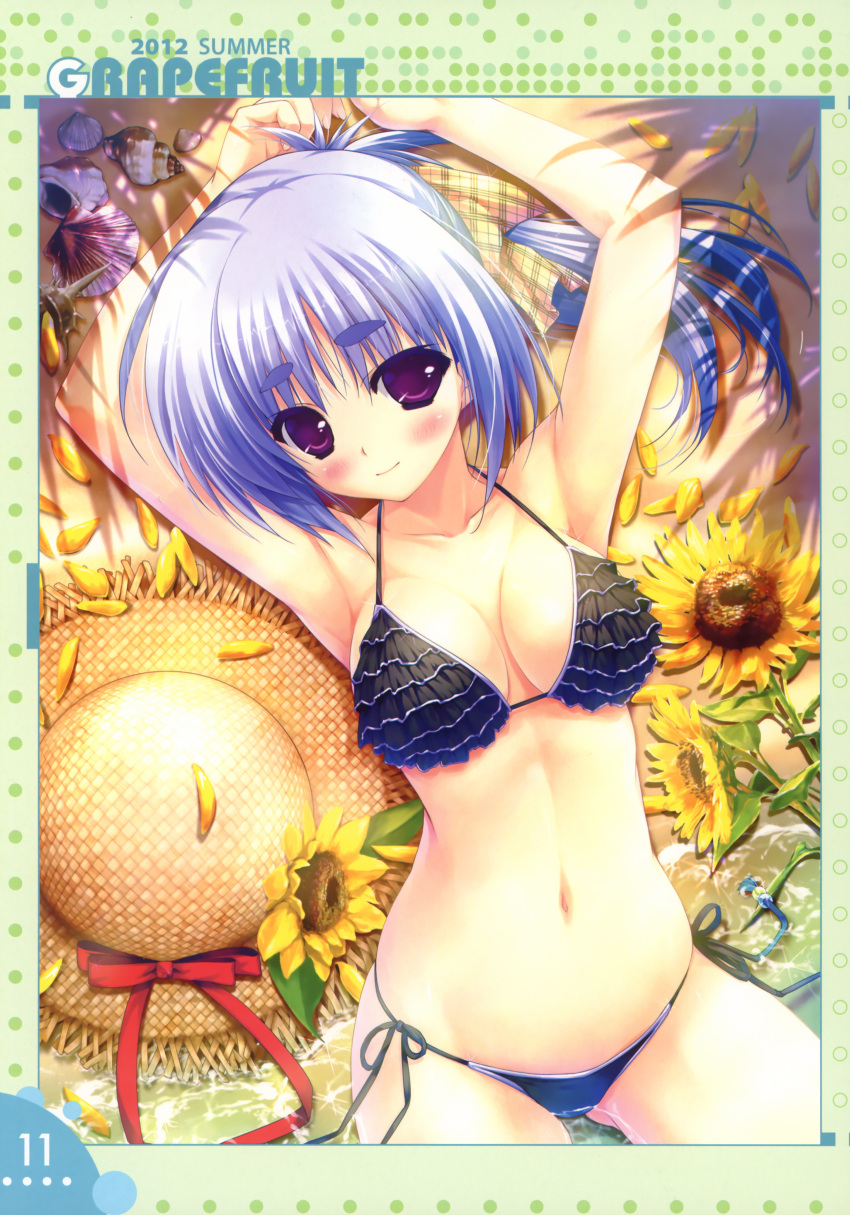 2012 absurdres amatsu_misora_ni! arms_up bikini blue_hair blush breasts female flower frilled_bikini frills hair_ribbon hat highres long_hair looking_at_viewer lying medium_breasts on_back otonashi_kaho photoshop_(medium) ponytail purple_eyes ribbon scan shell shintarou side-tie_bikini_bottom smile solo straw_hat sunflower swimsuit thick_eyebrows water