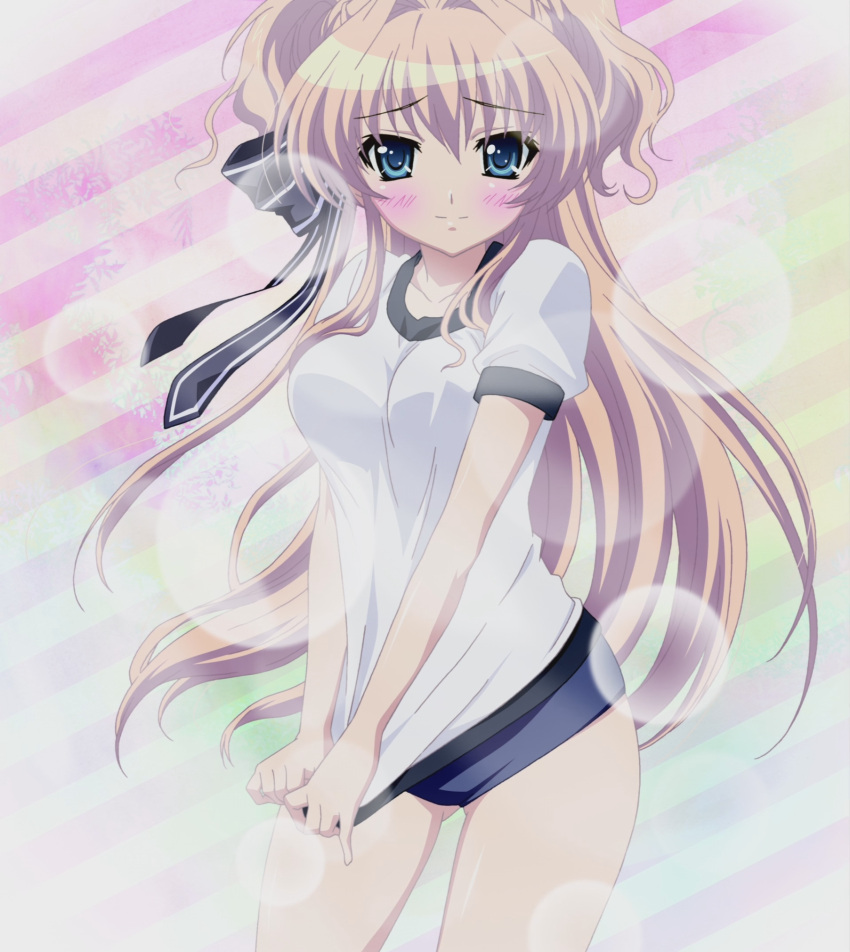 artist_request blonde_hair blue_eyes blush breasts buruma contrapposto cowboy_shot female gym_uniform hair_ribbon highres legs long_hair looking_at_viewer mashiroiro_symphony medium_breasts plant puffy_short_sleeves puffy_sleeves ribbon sena_airi shirt short_sleeves solo sportswear standing striped striped_background very_long_hair white_shirt