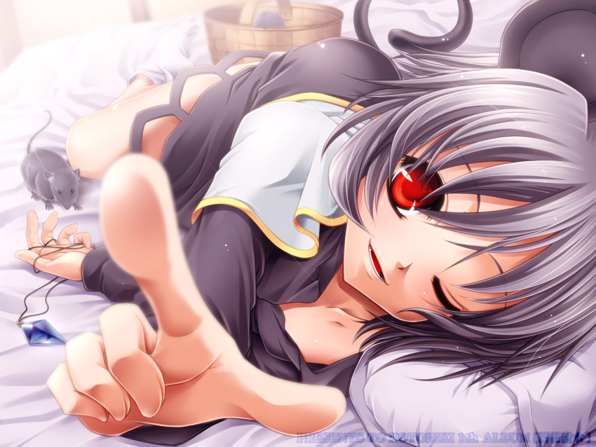 animal_ears basket bed breasts cleavage duplicate feet female foreshortening grey_hair jewelry looking_at_viewer lying medium_breasts mouse_(animal) mouse_ears mouse_tail nazrin one_eye_closed pendant pixel-perfect_duplicate pointing pointing_at_viewer red_eyes short_hair smile socks solo tail touhou uraomote white_socks