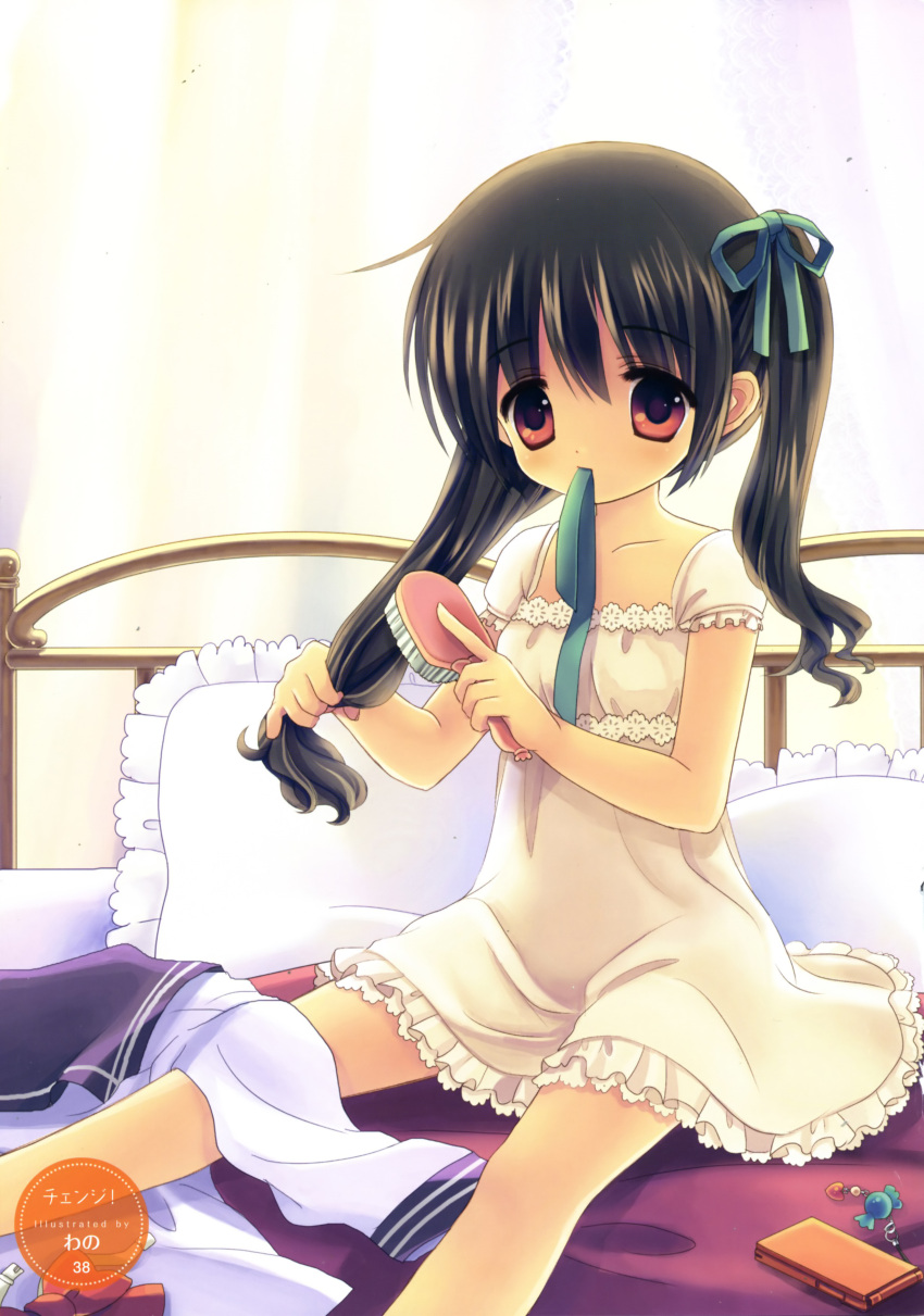 absurdres artist_name bed black_hair brushing_hair brushing_own_hair cellphone collarbone dress female food hair_brush hair_ribbon highres mouth_hold non-web_source original phone photoshop_(medium) pillow red_eyes ribbon scan sitting solo sweets twintails wano