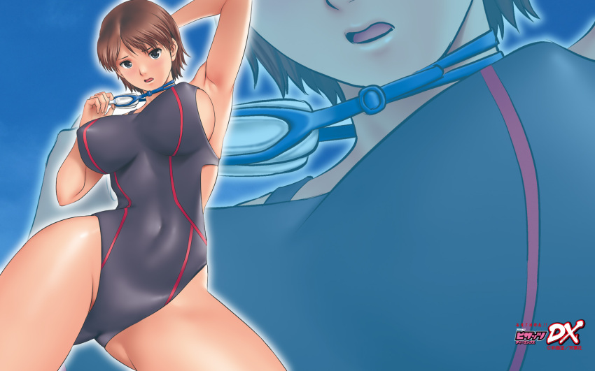 action_pizazz armpits breasts brown_hair competition_swimsuit female goggles highres large_breasts official_art official_wallpaper one-piece_swimsuit saigado short_hair sideboob skin_tight solo swimsuit zoom_layer