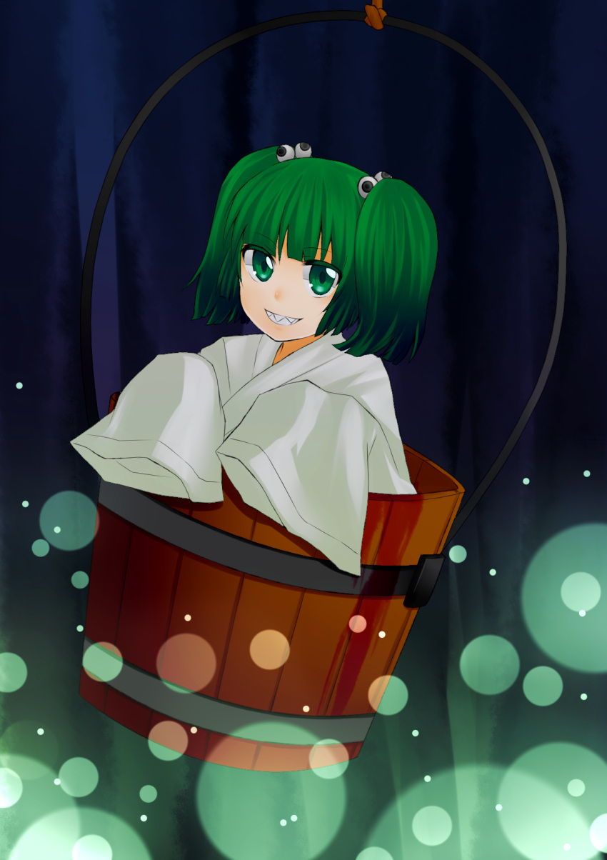 bucket commentary_request female green_eyes green_hair hair_bobbles hair_ornament highres hyou_haku in_bucket in_container kisume long_sleeves sharp_teeth short_hair solo teeth touhou twintails wide_sleeves wooden_bucket