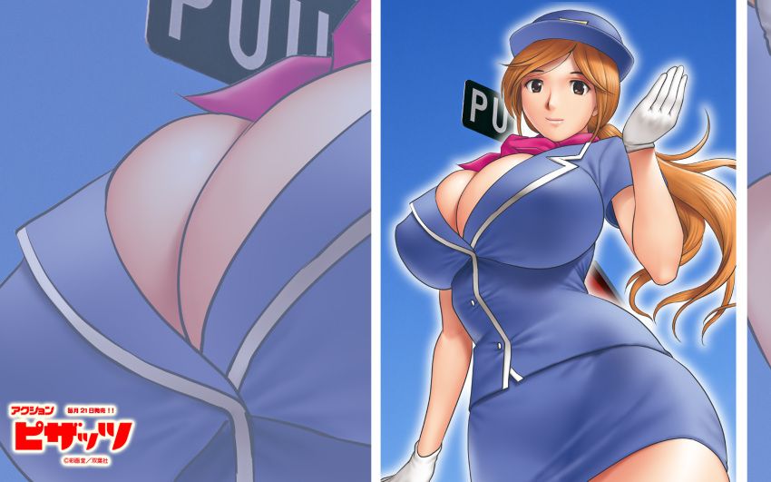 action_pizazz breasts brown_hair cleavage female flight_attendant gloves highres huge_breasts long_hair official_art official_wallpaper pencil_skirt saigado skirt solo travel_attendant zoom_layer