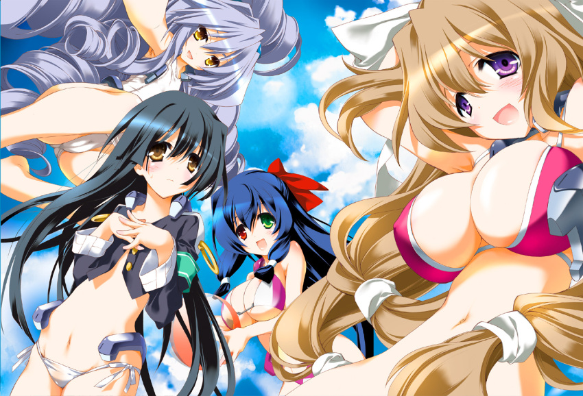 4girls aoi_kimi asama_tomo beach bikini black_hair brown_hair drill_hair green_eyes heterochromia honda_masazumi kyoukai_senjou_no_horizon kyoukaisenjou_no_horizon long_hair multiple_girls nate_mitotsudaira neito_mitotsudaira one-piece_swimsuit purple_eyes red_eyes silver_hair swimsuit very_long_hair yellow_eyes