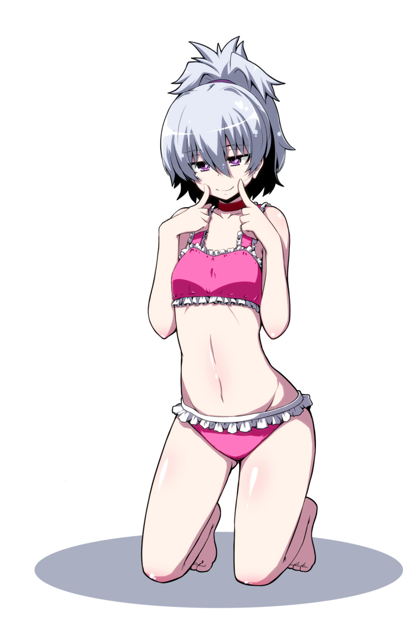 barefoot bikini blush body_blush choker commentary_request darker_than_black female fingersmile frilled_bikini frills full_body grey_hair highres kaname_nagi kneeling navel ponytail purple_eyes simple_background smile solo swimsuit tankini white_background yin_(darker_than_black)