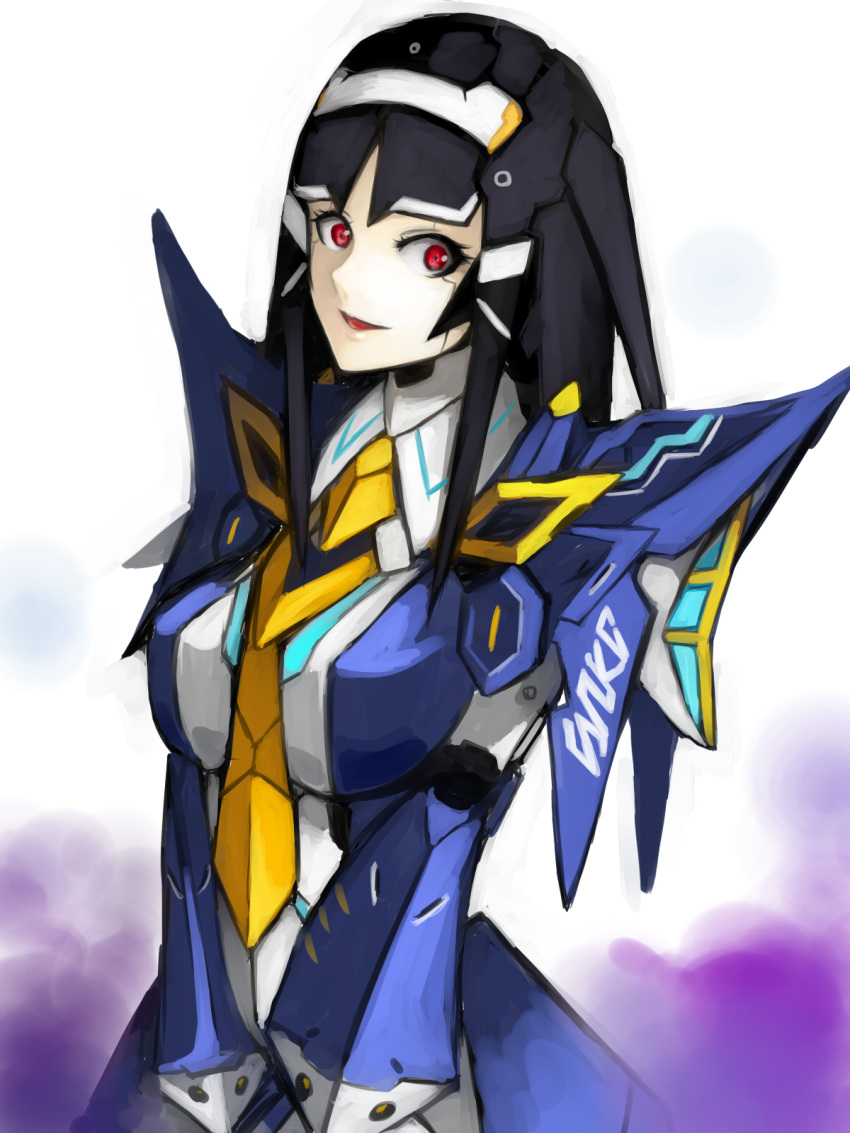 android black_hair breasts commentary crazy_eyes female hairband highres kumiko_shiba large_breasts lisa_(pso2) necktie pale_skin phantasy_star phantasy_star_online_2 red_eyes solo v_arms