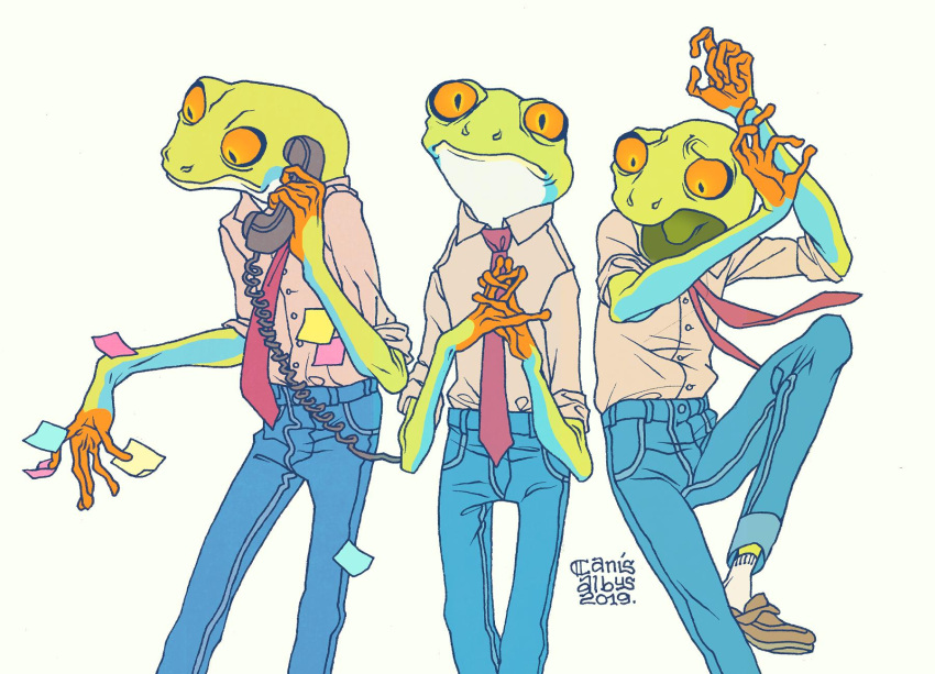 2019 amphibian anthro blue_bottomwear blue_clothing blue_pants bojack_horseman bottomwear canisalbus charley_witherspoon clothed clothing dress_shirt electronics frog fully_clothed gloves_(marking) green_body hi_res landline_phone male markings necktie netflix orange_eyes pants phone scared shirt simple_background solo topwear tree_frog white_background