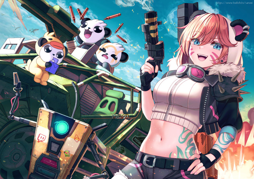 aliasing animal aqua_eyes bear borderlands borderlands_2 brown_hair car claptrap clouds gloves goggles gun original panda robot saruei short_hair shorts sky tattoo twitch weapon