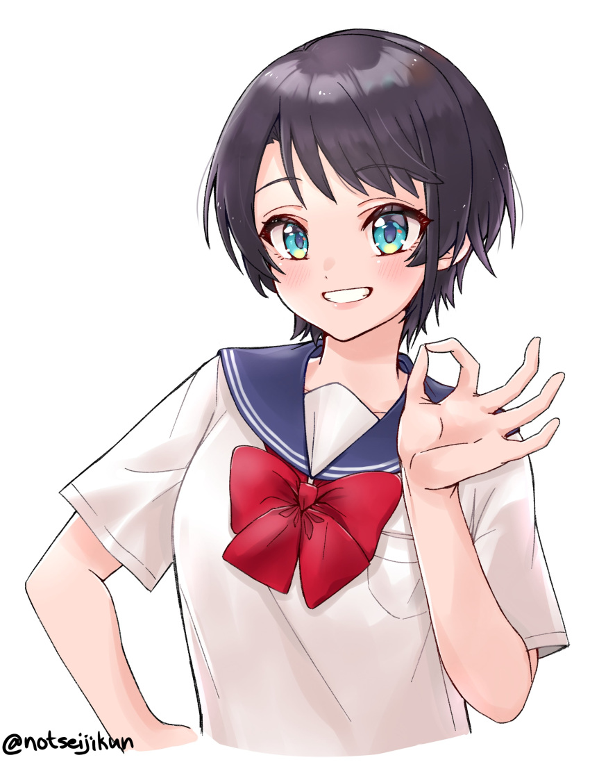 absurdres alternate_costume black_hair blue_eyes blush bow bowtie breasts commentary english_commentary female grin highres hololive lips looking_at_viewer medium_breasts ok_sign oozora_subaru parted_bangs red_bow red_bowtie sailor_collar school_uniform seiji_kimoti serafuku shirt short_hair short_sleeves simple_background smile solo swept_bangs teeth twitter_username upper_body virtual_youtuber white_background white_shirt