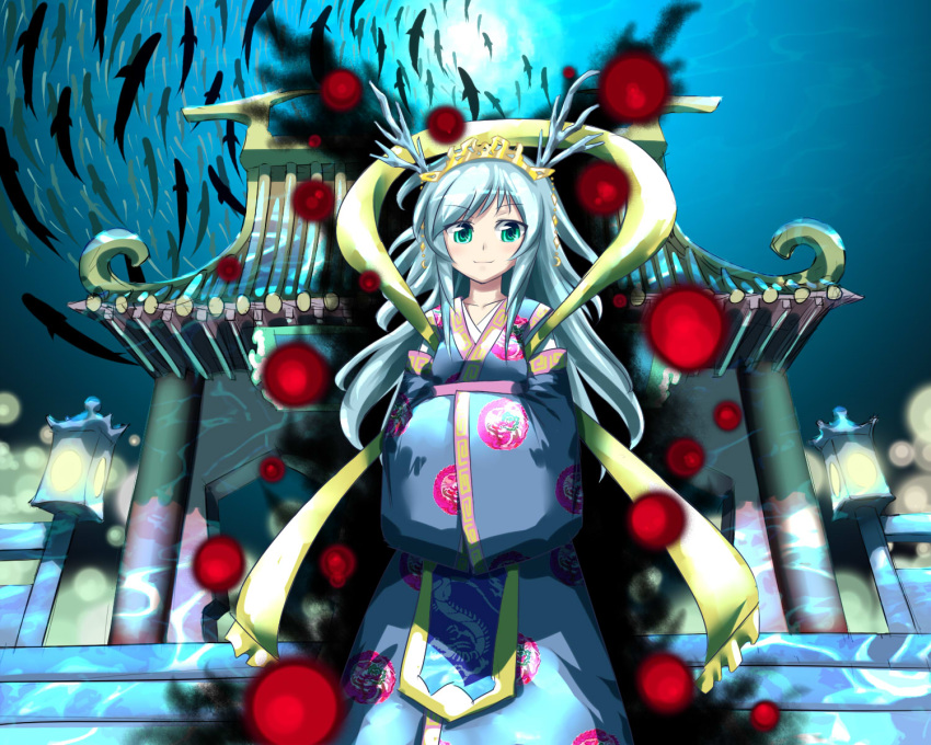 animal aomi_mayoru arch bad_id bad_pixiv_id blue_dress commentary_request dress female fish grey_hair highres light_rays long_hair looking_at_viewer original outdoors pillar red_eyes sashiromiya_sasha shawl shrine silhouette solo touhou underwater underwater_shrine very_long_hair