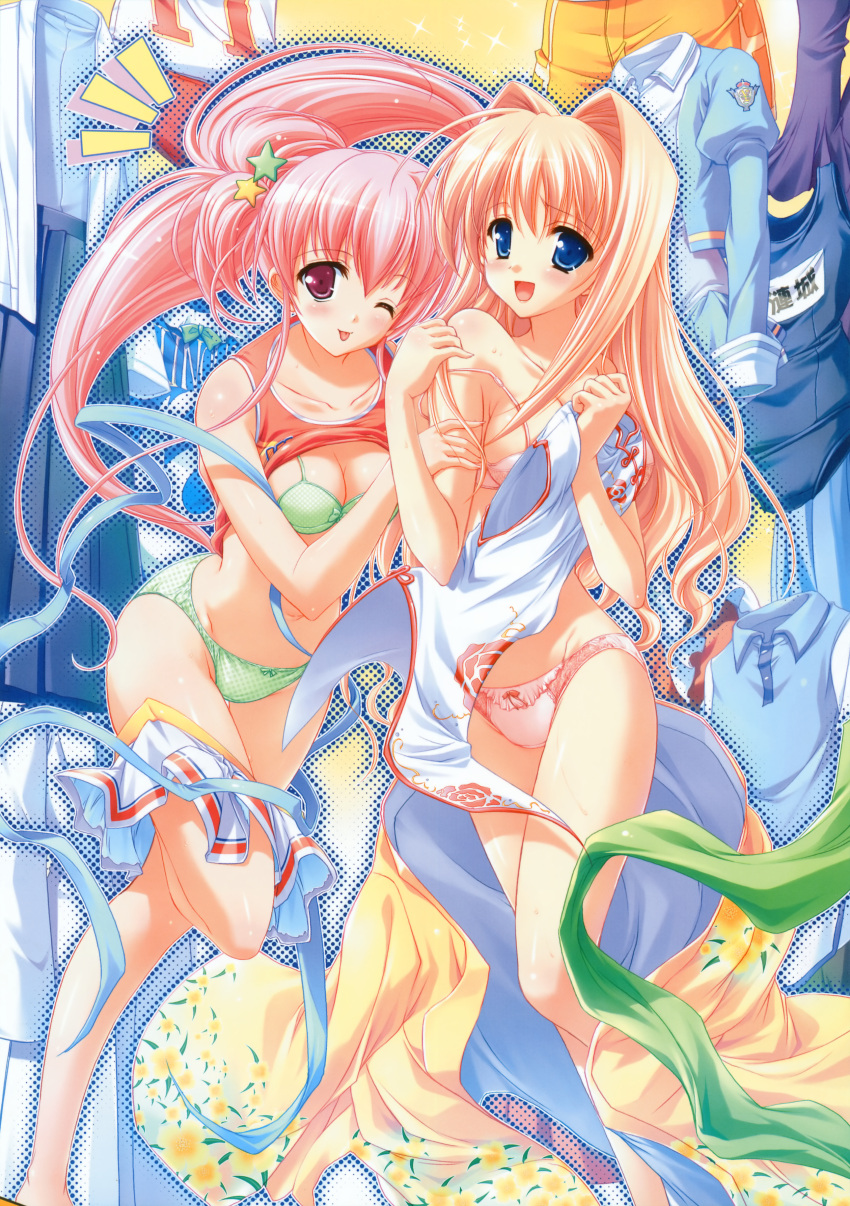 2girls ;p absurdres arm_grab blonde_hair blue_eyes bow bow_panties bra breasts bukatsu_kikaku china_dress chinese_clothes cleavage clothes_lift dress flower green_panties highres kakedori_tsubasa large_breasts lingerie long_hair misakura_nankotsu multiple_girls one_eye_closed open_mouth panties pink_eyes pink_hair pink_panties ribbon shirt_lift smile strap_slip takiguchi_shizuru tank_top tongue tongue_out underwear underwear_only undressing