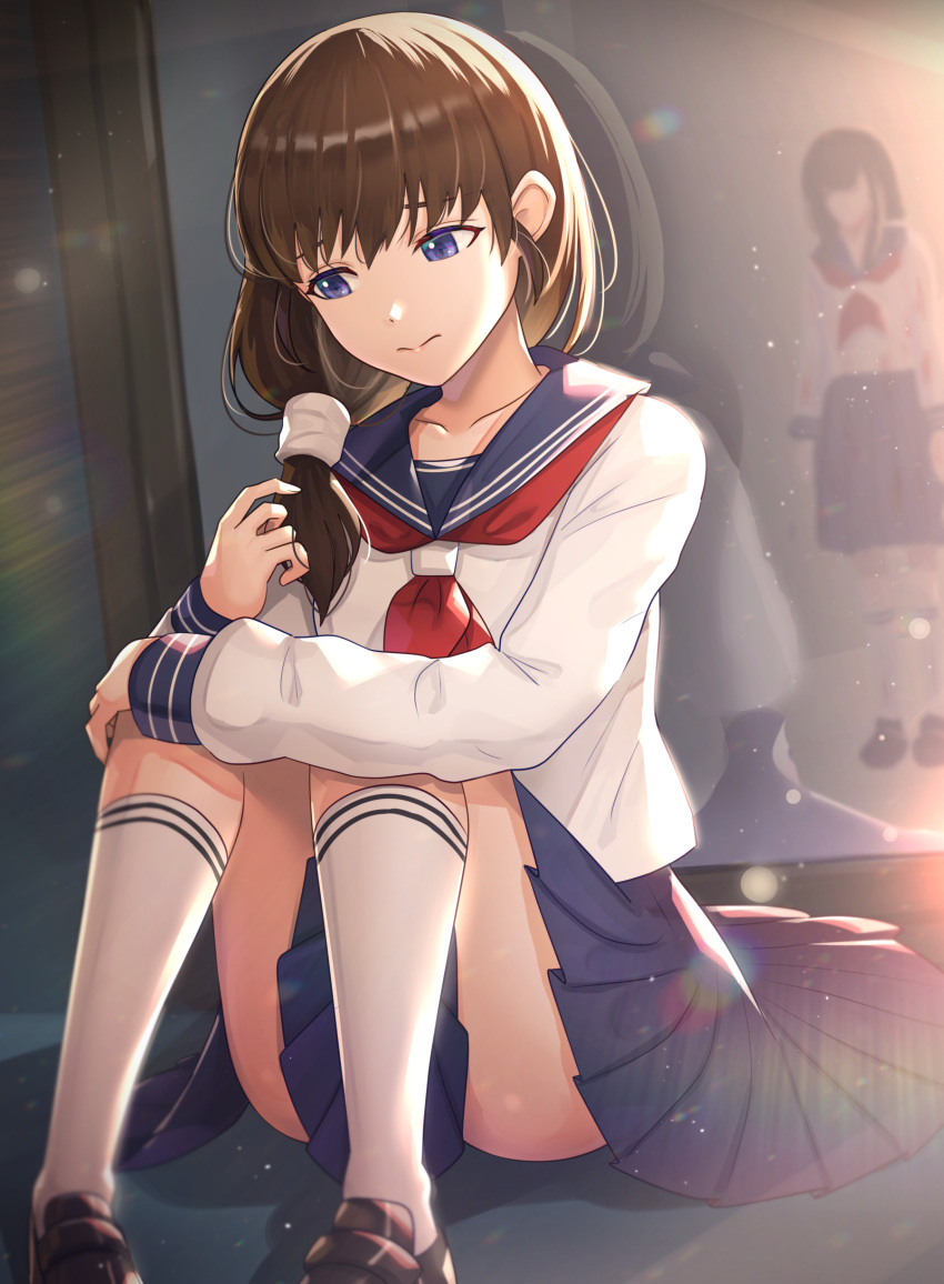 2girls absurdres bad_id bad_twitter_id black_footwear black_hair blue_eyes blue_skirt brown_hair famicom_tantei_club gonzarez highres knees_up kojima_youko long_hair mirror multiple_girls neckerchief ponytail red_neckerchief school_uniform serafuku shirt shoes skirt socks solo_focus tachibana_ayumi white_shirt white_socks