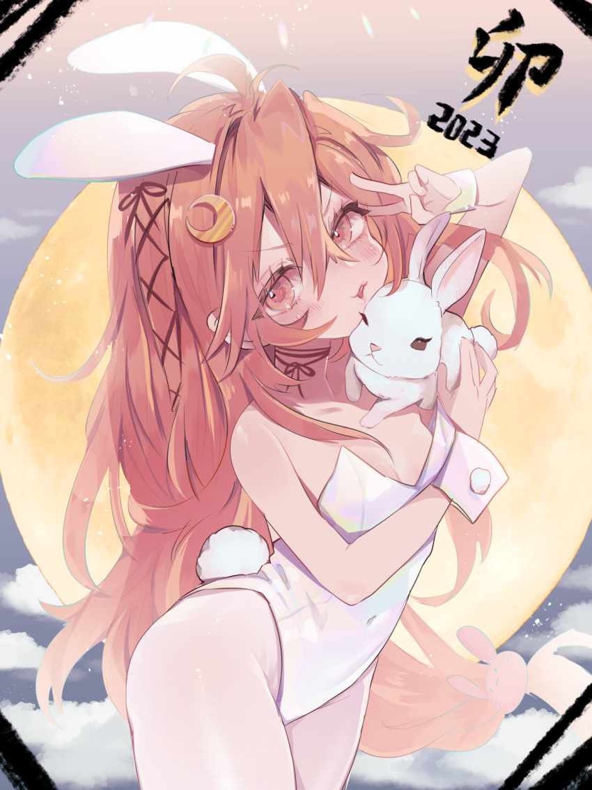 2023 alternate_costume animal animal_ears black_ribbon breasts chinese_zodiac crescent crescent_hair_ornament female full_moon hair_ornament hair_ribbon highres kantai_collection leotard long_hair looking_at_viewer moon parted_lips pink_eyes pink_hair playboy_bunny rabbit rabbit_ears rabbit_hair_ornament rabbit_tail red_hair ribbon ruohire9 small_breasts tail uzuki_(kancolle) v very_long_hair white_leotard year_of_the_rabbit