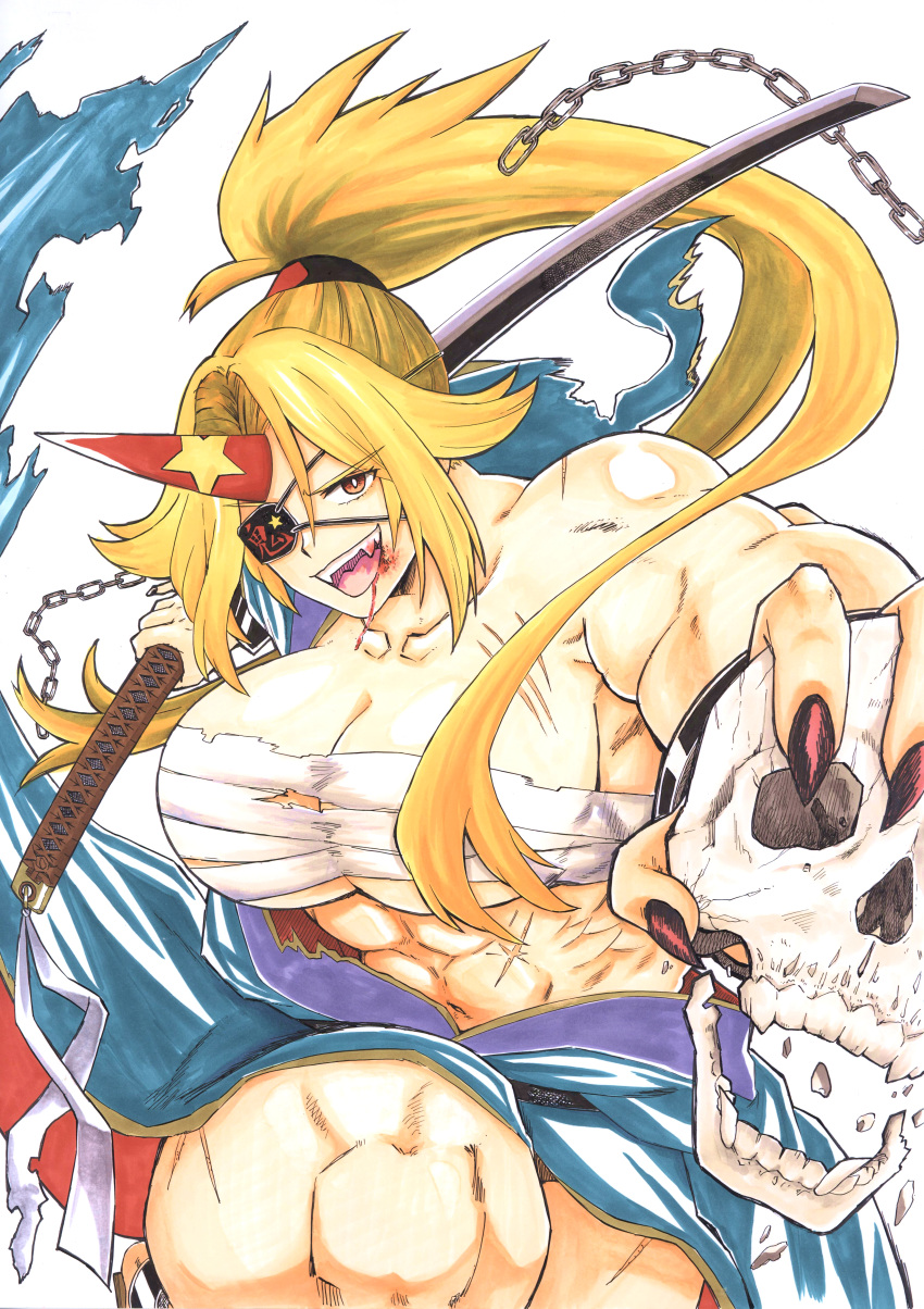 absurdres blonde_hair breasts chains eyepatch fangs female fingernails highres holding holding_skull horns hoshiguma_yuugi huge_breasts katana matsuri_kyuuta muscular muscular_female oni ponytail sarashi scar sharp_fingernails single_horn skull solo sword torn_clothes torn_sarashi touhou traditional_media weapon