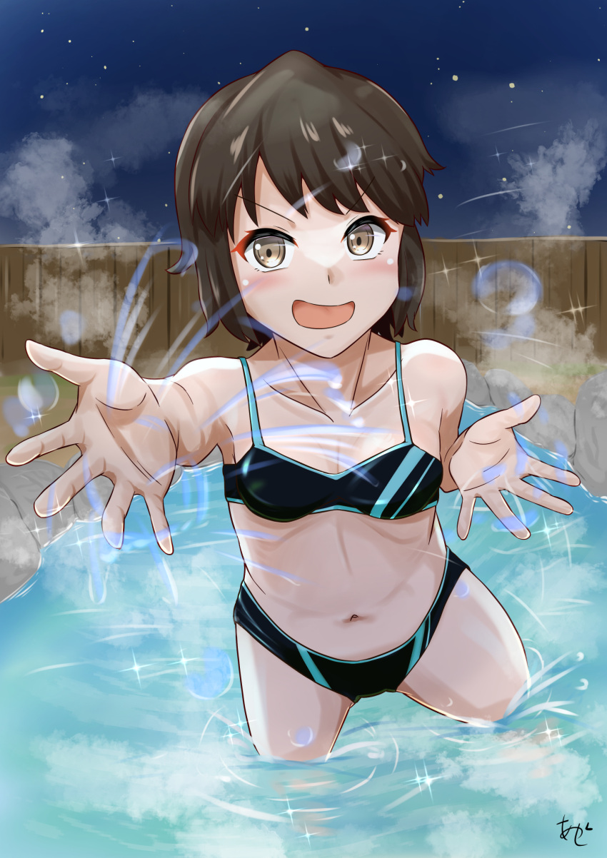 akashieru artist_logo bikini black_bikini black_hair breasts cowboy_shot female fence grey_eyes highres kantai_collection miyuki_(kancolle) navel night official_alternate_costume one-hour_drawing_challenge onsen open_mouth short_hair small_breasts smile solo splashing steam swimsuit wooden_fence