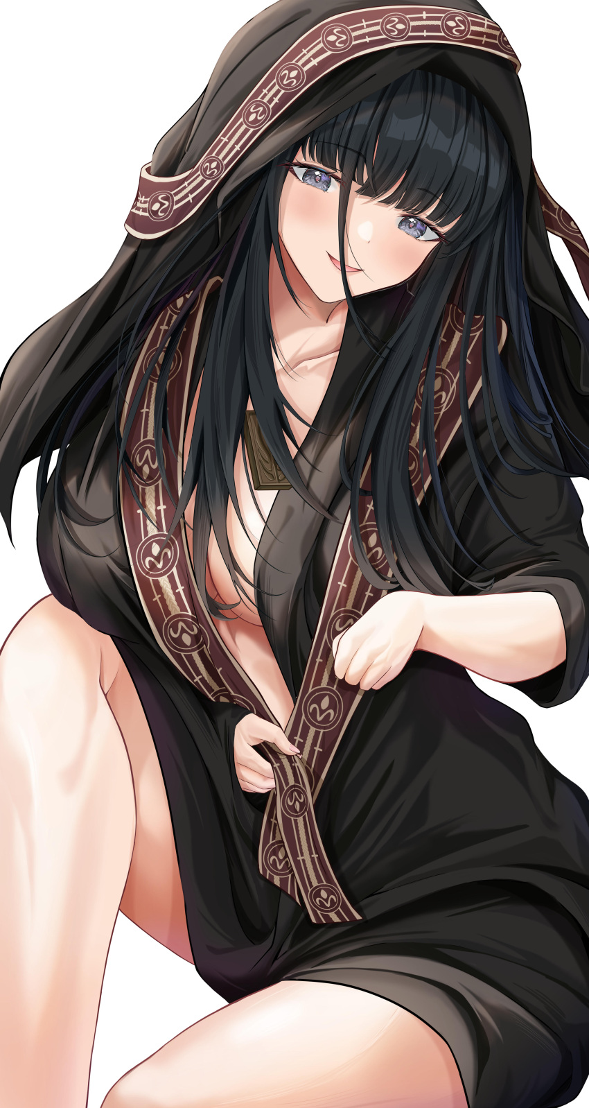 about_fg absurdres black_hair black_robe blunt_bangs blush breasts byakuya_rinne commentary euphoria_(clockup) female highres hood knee_up large_breasts long_hair looking_at_viewer parted_lips purple_eyes robe simple_background sitting smile solo tagme white_background