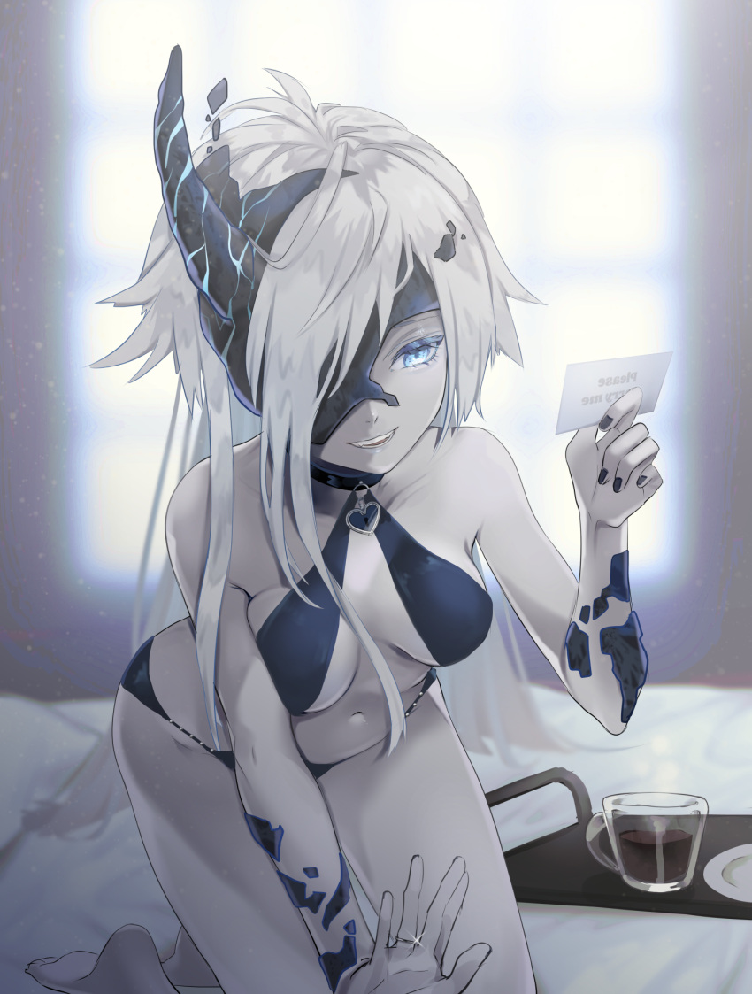 abyssal_ship asymmetrical_hair barefoot bed black_nails blue_eyes breasts choker commission female heart_lock_(kantai_collection) highres horns jewelry kantai_collection long_hair marriage_proposal ne-class_heavy_cruiser pale_skin ring ruohire9 single_horn skeb_commission smile solo swimsuit white_hair