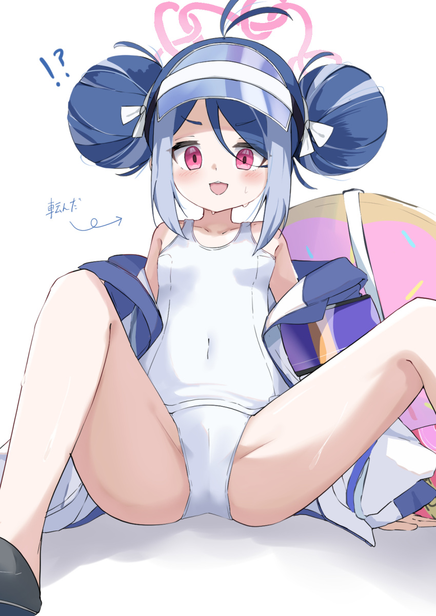 !? antenna_hair ass blue_archive blue_hair blush breasts covered_navel double_bun female fubuki_(blue_archive) fubuki_(swimsuit)_(blue_archive) grey_hair hair_bun halo highres innertube jacket multicolored_hair official_alternate_costume one-piece_swimsuit open_clothes open_jacket open_mouth osmium-76 pink_halo red_eyes school_swimsuit short_hair simple_background small_breasts solo swim_ring swimsuit white_background white_jacket white_one-piece_swimsuit