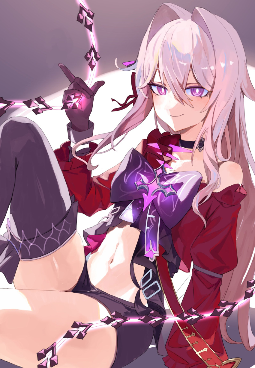 asymmetrical_clothes asymmetrical_coat black_choker black_gloves black_shorts boots bow bright_pupils choker coat commentary_request feet_out_of_frame female gloves hair_between_eyes hair_intakes hand_up highres honkai_(series) honkai_impact_3rd large_bow long_hair looking_at_viewer navel purple_bow purple_eyes red_coat roena shorts single_bare_shoulder single_thigh_boot sitting smile solo stomach thelema_(honkai_impact) thigh_boots white_hair white_pupils