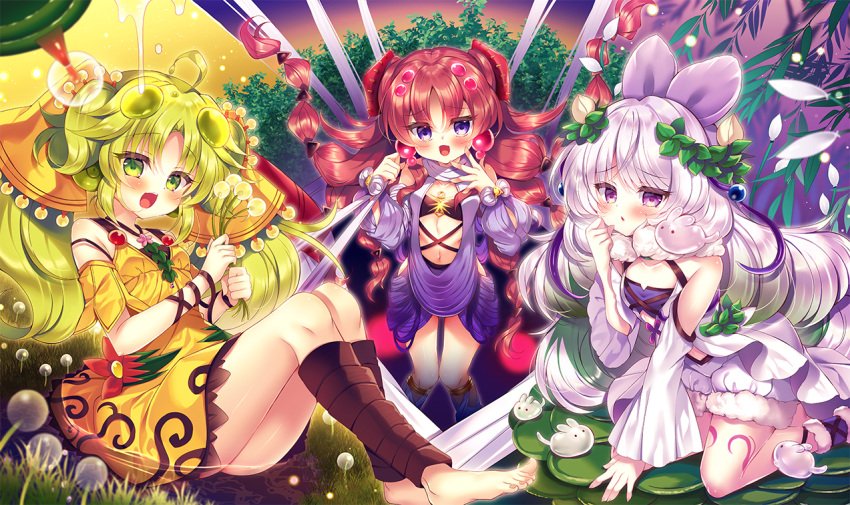 3girls ahoge bare_shoulders barefoot blush braid breasts dress duel_monster flower green_eyes green_hair hair_flower hair_ornament long_hair looking_at_viewer midriff multiple_girls navel open_mouth purple_eyes purple_hair red_hair silk sitting skirt smile suzunone_rena traptrix_atypus traptrix_cularia traptrix_sera twintails very_long_hair yellow_dress yu-gi-oh!