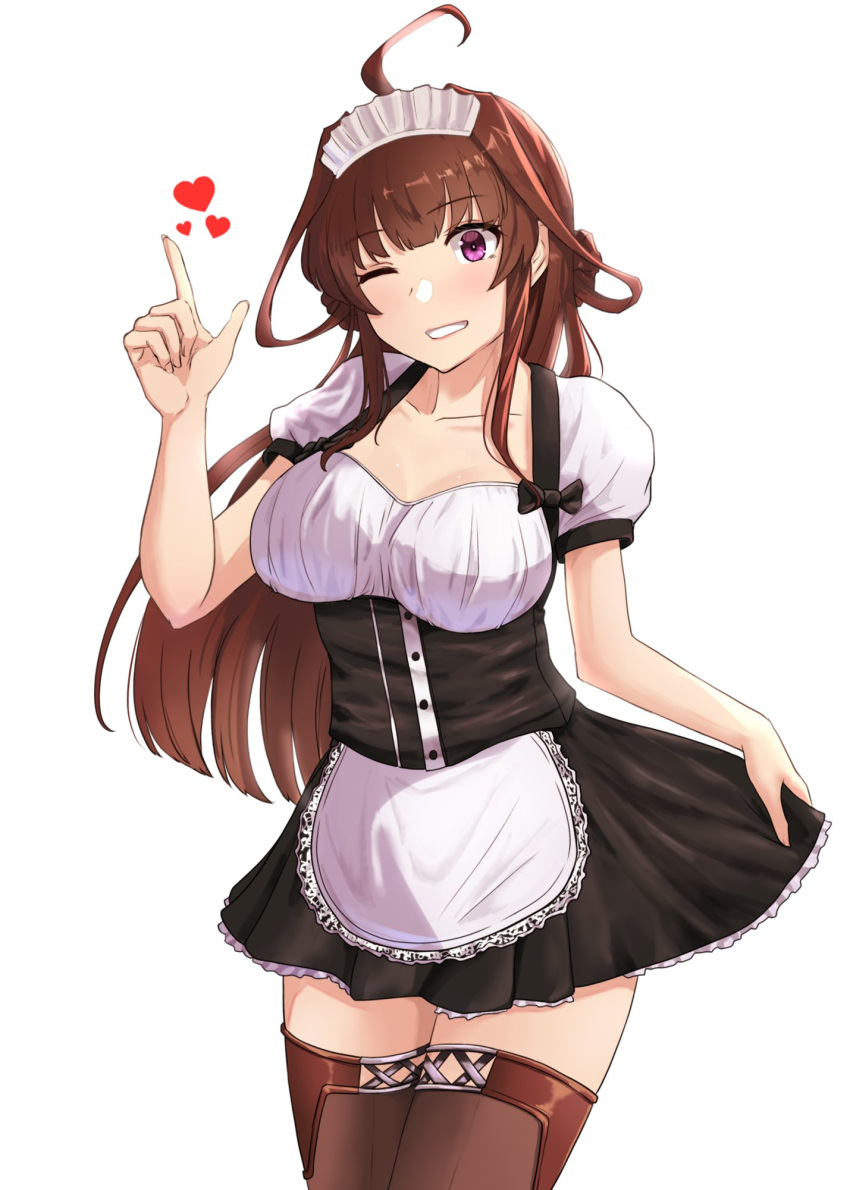 ;) ahoge alternate_costume apron black_dress breasts brown_hair brown_thighhighs commentary_request double_bun dress enmaided female hair_bun heart highres jouzaburou_(joe3) kantai_collection kongou_(kancolle) large_breasts long_hair maid maid_apron maid_headdress one_eye_closed puffy_short_sleeves puffy_sleeves purple_eyes short_sleeves skirt_hold smile solo thighhighs two-tone_dress white_background white_dress