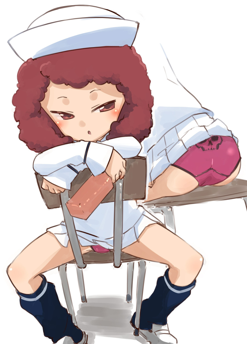 absurdres back-print_panties beer_bottle blouse bottle chair commentary crotch_seam curly_hair dixie_cup_hat female girls_und_panzer half-closed_eyes hamahara_yoshio hat highres holding holding_bottle loafers long_sleeves looking_at_viewer loose_socks military_hat miniskirt multiple_views navy_blue_legwear ooarai_naval_school_uniform open_mouth panties pleated_skirt print_legwear print_panties purple_panties red_eyes red_hair rum_(girls_und_panzer) sailor sailor_collar school_chair school_uniform shoes short_hair simple_background sitting sitting_backwards skirt skull_print socks solo underwear white_background white_blouse white_footwear white_headwear white_skirt