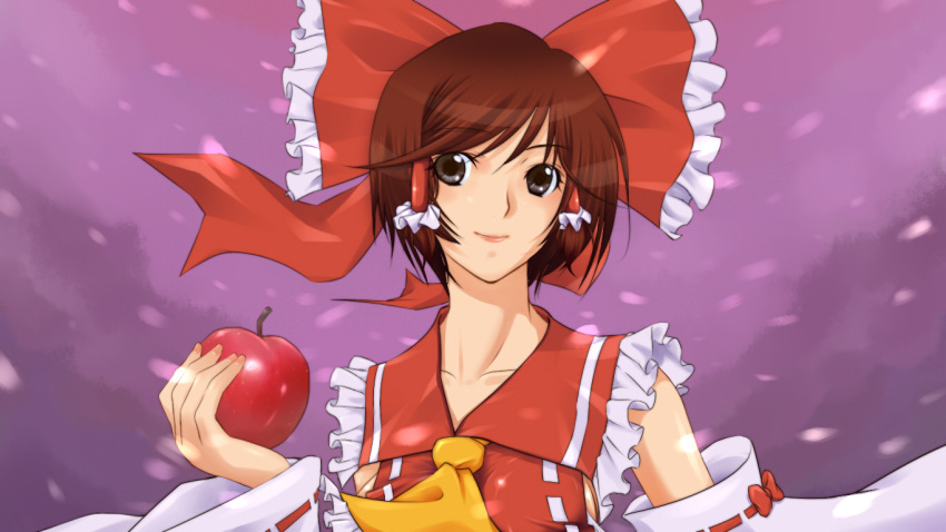 apple bad_apple!! black_eyes bow brown_hair commentary_request cosplay detached_sleeves female food fruit hair_ribbon hair_tubes hairbow hakurei_reimu hakurei_reimu_(cosplay) holding holding_food holding_fruit meiko_(vocaloid) red_bow ribbon short_hair smile snow solo touhou ts vocaloid