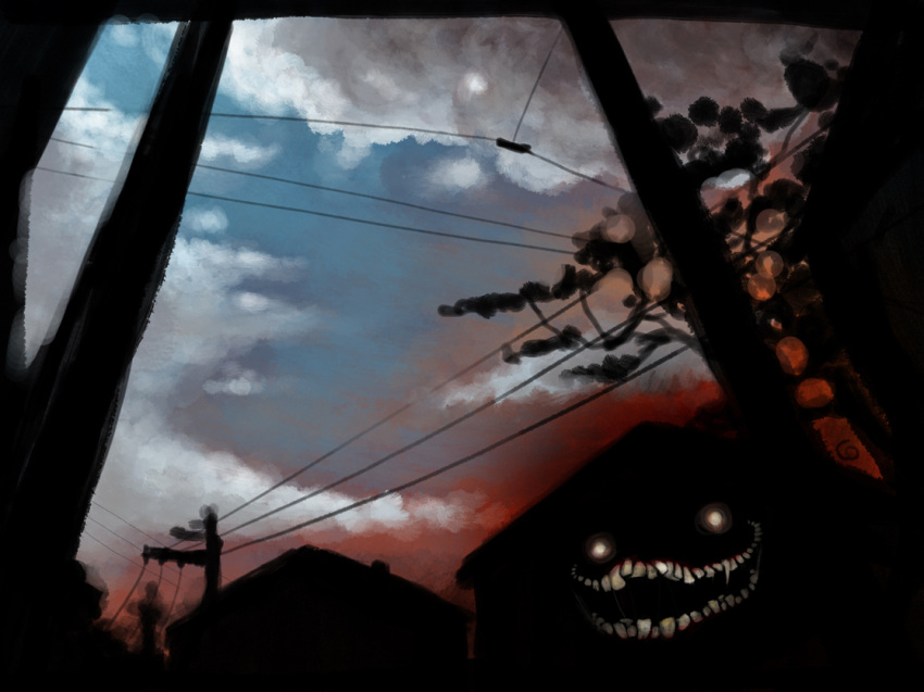 building city cityscape cloud commentary_request dark glasmond glowing glowing_eyes horror_(theme) monster night nightmare no_humans original outdoors photoshop_(medium) power_lines scenery self-upload shadow smile teeth