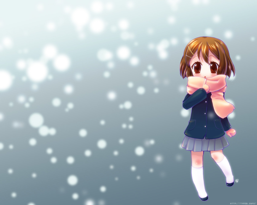 brown_eyes brown_hair chibi commentary_request female hirasawa_yui k-on! nayumi sakuragaoka_high_school_uniform scarf school_uniform short_hair snow solo