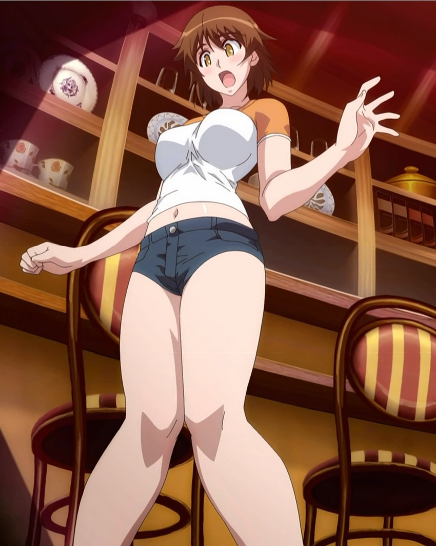 anime_screenshot blush brown_eyes brown_hair female highres kamigamo_jun natsu_no_arashi! short_shorts shorts solo stitched third-party_edit