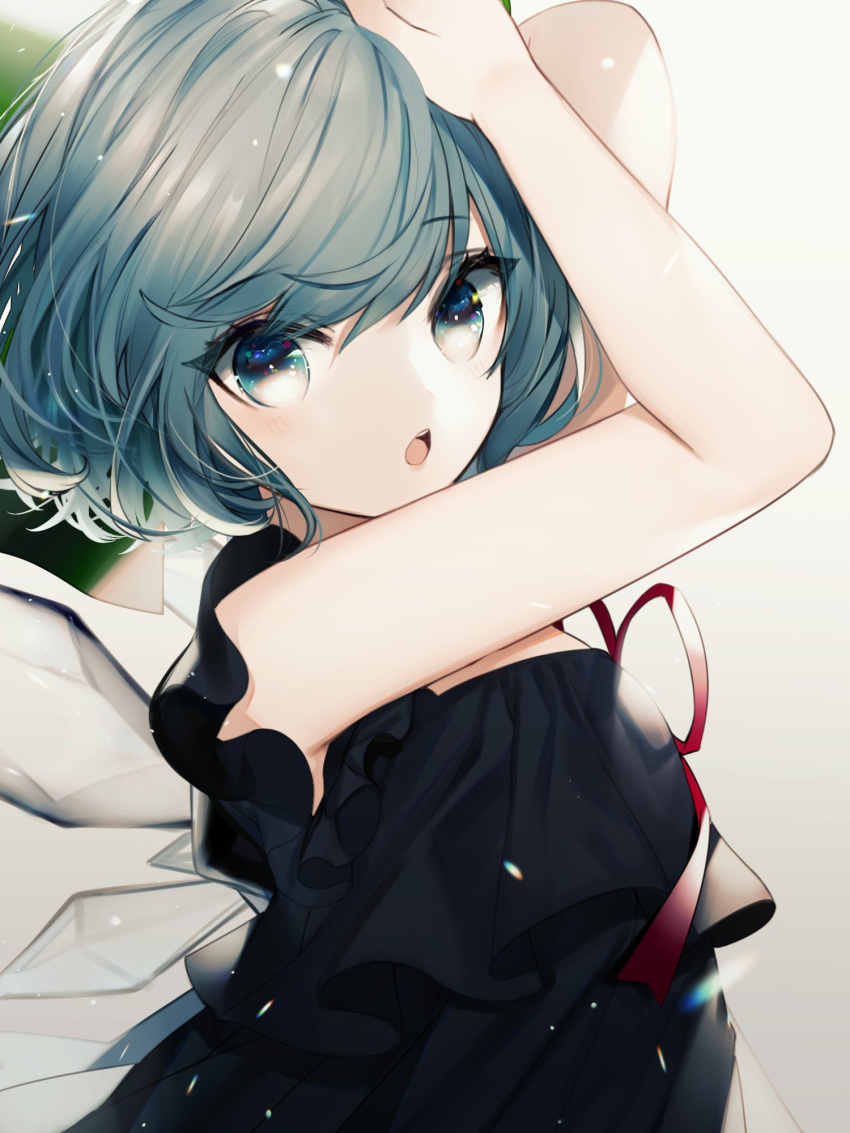 :o arms_up bad_id bad_twitter_id bare_arms bare_shoulders blue_dress blue_eyes blue_hair cirno commentary daimaou_ruaeru dress female grey_background hair_between_eyes highres ice ice_wings looking_at_viewer neck_ribbon open_mouth red_ribbon ribbon short_hair sleeveless sleeveless_dress solo symbol-only_commentary touhou upper_body wings