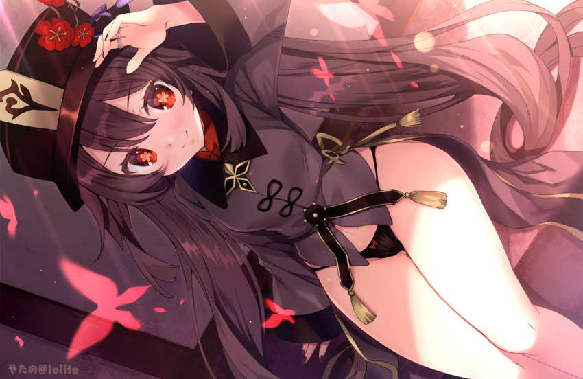 arm_up bare_legs black_hat black_nails black_panties blush bow bow_panties bug butterfly closed_mouth dutch_angle female flower flower-shaped_pupils genshin_impact grey_jacket hat hat_flower hu_tao_(genshin_impact) jacket jewelry lens_flare long_sleeves midriff nail_polish panties red_bow red_eyes red_flower red_shirt ring shirt sitting smile solo stomach symbol-shaped_pupils underwear yatano