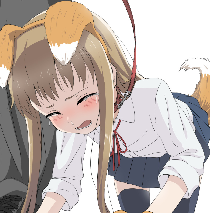 1boy animal_ears black_legwear black_skirt blush bondage brown_hair closed_eyes collar crying fake_animal_ears female forced fox_ears fox_tail hairband highres joshi_kousei_no_mudazukai leash long_hair miniskirt momoi_saku neck_ribbon pet_play pleated_skirt red_ribbon ribbon school_uniform shirt sincos skirt snot solo_focus straight tail tears thighhighs white_background white_shirt