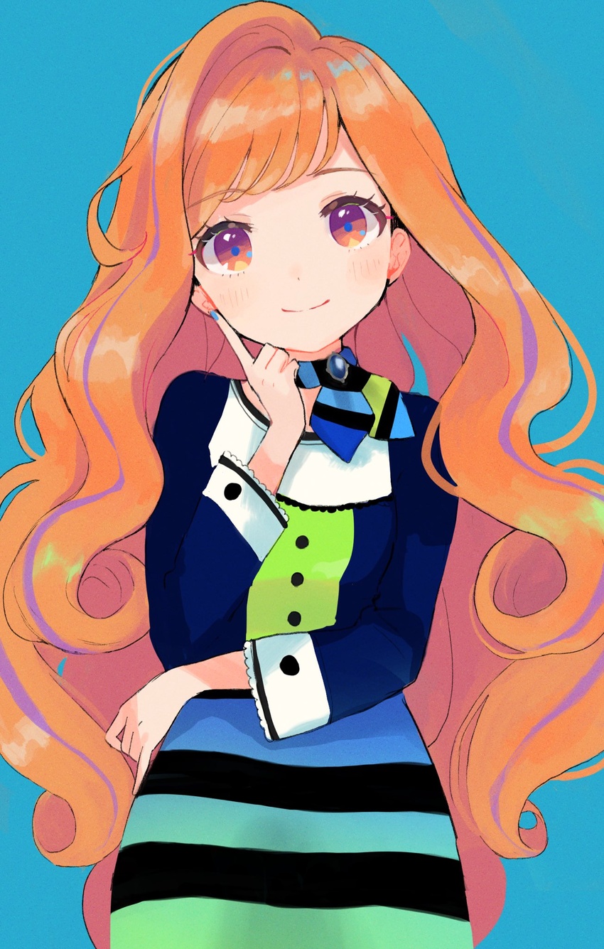 aikatsu!_(series) aikatsu_planet! blue_background blue_nails blue_neckwear blush female highres itoi_sala long_hair looking_at_viewer multicolored_eyes multicolored_hair ogura_(sao_no) orange_eyes orange_hair sala_(aikatsu_planet!) scarf simple_background smile solo upper_body very_long_hair