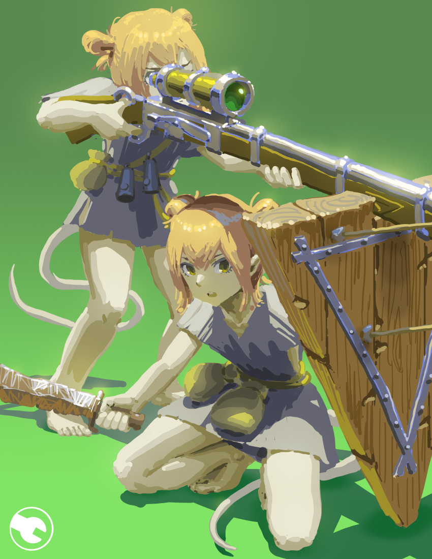 2girls absurdres aiming antique_firearm barefoot belt blonde_hair buck_teeth commentary dalu0831 dress firelock full_body green_background grey_dress gun highres holding holding_sword holding_weapon jezail kneeling mouse_girl mouse_tail multiple_girls musket open_mouth pavise personification pouch scope shield simple_background skaven standing sword tail teeth warhammer_fantasy warplock_jezzail weapon wooden_shield yellow_belt