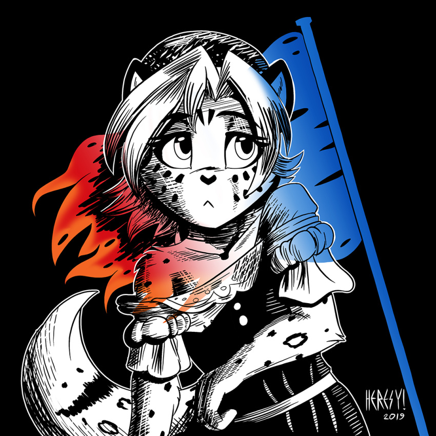 1:1 2019 anthro black_background black_nose clothing cosette_(les_miserables) cosplay digital_media_(artwork) dress felid female flag france hair hat headgear headwear heresy_(artist) les_miserables maeve_(twokinds) mammal monochrome pantherine simple_background snow_leopard solo spot_color spots twokinds white_hair young_(lore)