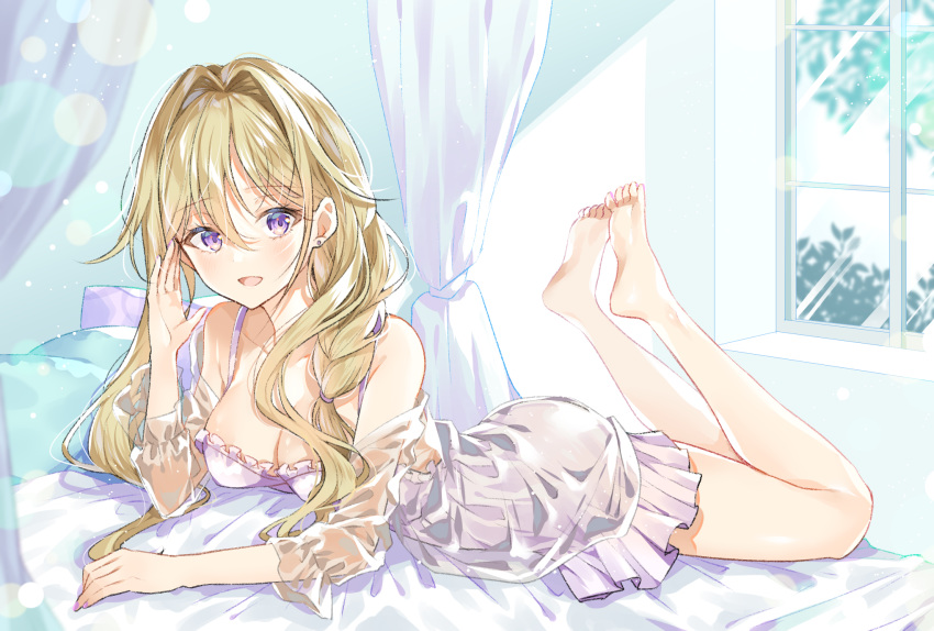 :d bare_legs bare_shoulders barefoot bed bed_sheet blonde_hair braid breasts busou_kanojo cleavage earrings eyebrows female hair_between_eyes hair_over_shoulder hand_up highres hoshina_reki jewelry legs_up long_hair looking_at_viewer lying myusha on_stomach open_mouth pillow purple_eyes see-through smile soles solo the_pose toes virtual_youtuber window