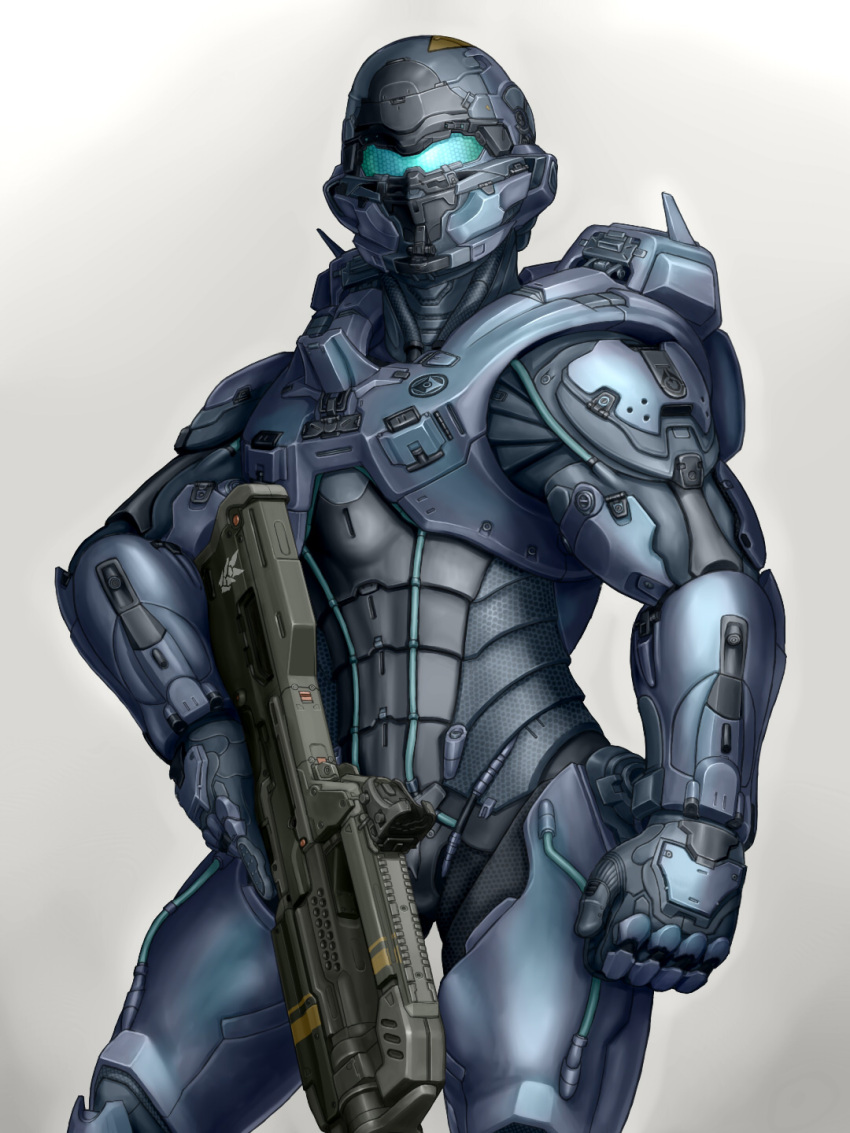 1boy armor assault_visor bad_id bad_pixiv_id battle_rifle br55 bullpup clenched_hand cowboy_shot grey_background gun halo_(series) halo_5:_guardians hdfm highres holding holding_gun holding_weapon jameson_locke looking_ahead male_focus power_armor rifle science_fiction solo spartan_(halo) weapon