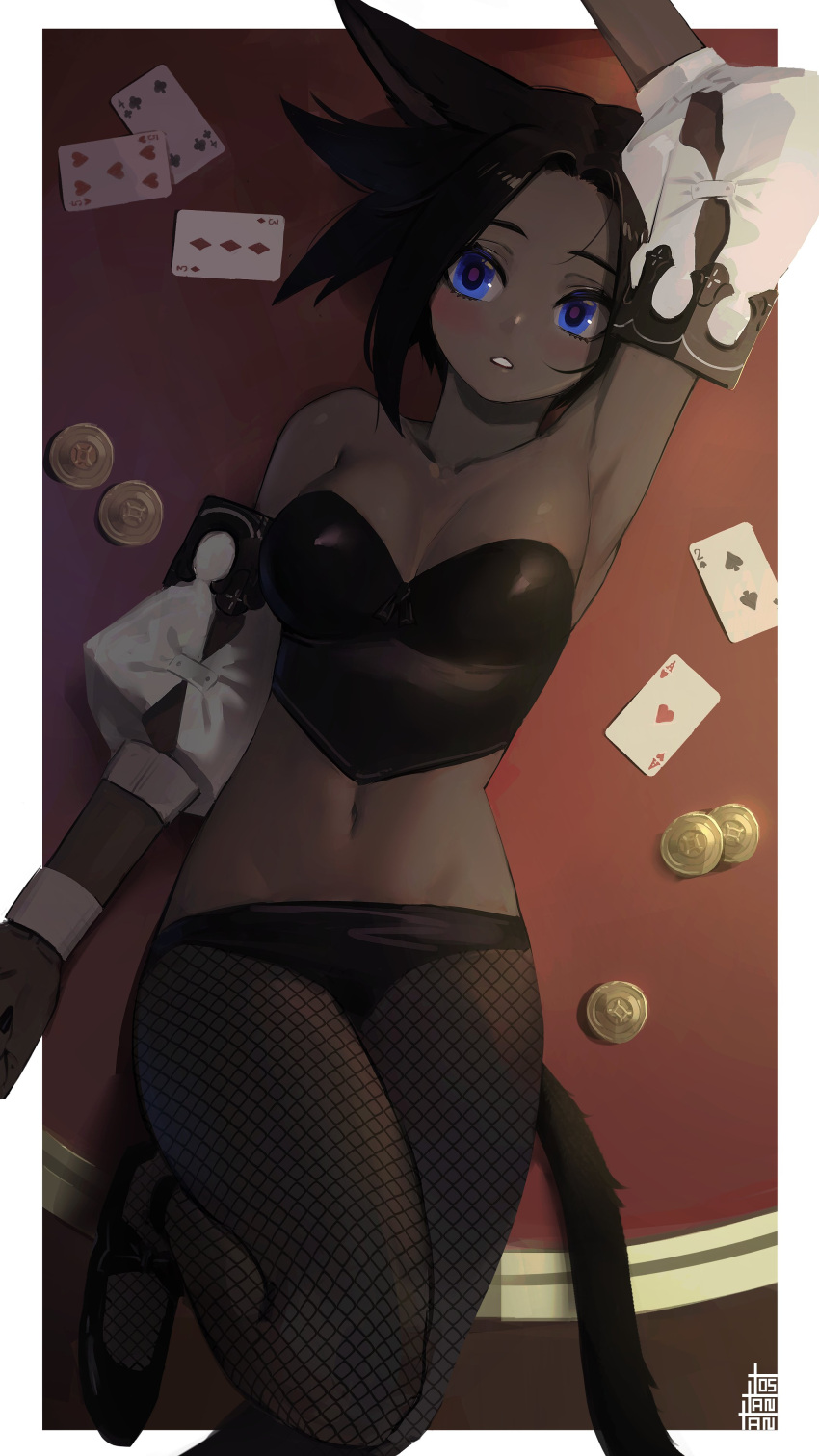 absurdres ace_(playing_card) ace_of_hearts animal_ears arm_up armpits bare_shoulders black_hair black_skin blue_eyes blush breasts card cat_ears cat_tail colored_skin commentary detached_sleeves english_commentary female final_fantasy final_fantasy_xiv fishnet_pantyhose fishnets five_of_diamonds four_of_clubs heart highres leotard looking_at_viewer lying medium_breasts midd_night midriff miqo'te navel on_back pantyhose playing_card poker_chip short_hair solo strapless strapless_leotard tail three_of_diamonds tostantan two_of_spades warrior_of_light_(ff14)