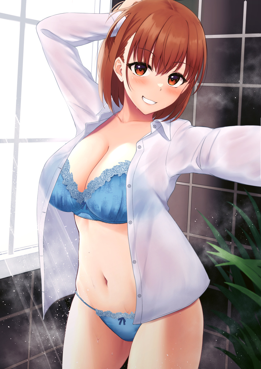 absurdres airi_(satosi) blue_bra blue_panties blush bra breasts cleavage collarbone collared_shirt dress_shirt female highres large_breasts long_sleeves looking_at_viewer navel open_clothes open_shirt orange_eyes orange_hair original panties satosi shirt short_hair smile solo thighs underwear white_shirt