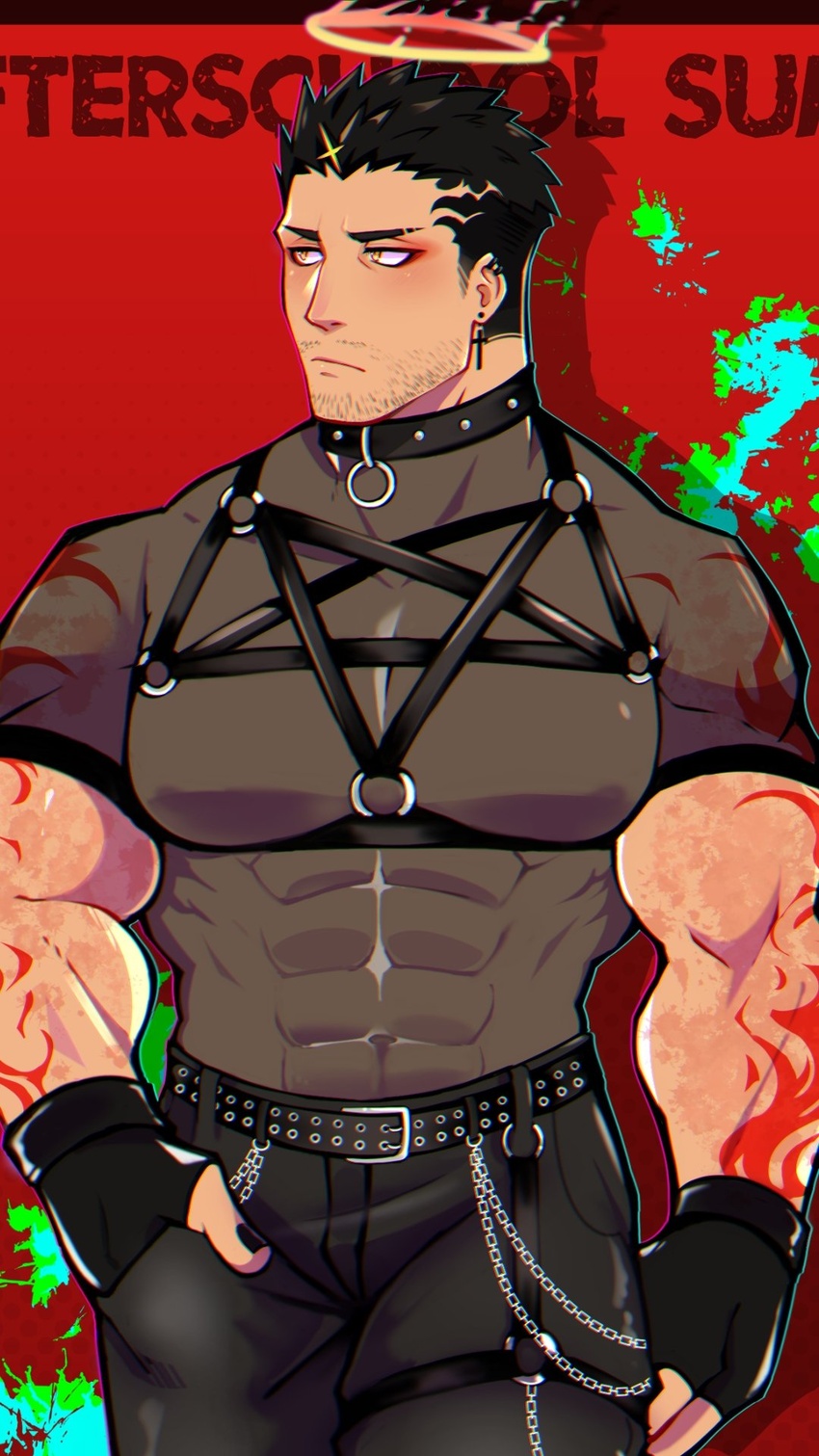 1boy alternate_costume bara black_collar chest_harness collar covered_abs covered_navel cowboy_shot cross cross_earrings earrings grey_shirt halo hand_in_pocket harness highres jewelry large_pectorals lisuchi looking_to_the_side male_focus mature_male muscular muscular_male pectorals shirt short_hair short_sleeves sideburns solo standing taut_clothes taut_shirt thick_thighs thighs tokyo_afterschool_summoners zabaniyya_(housamo)