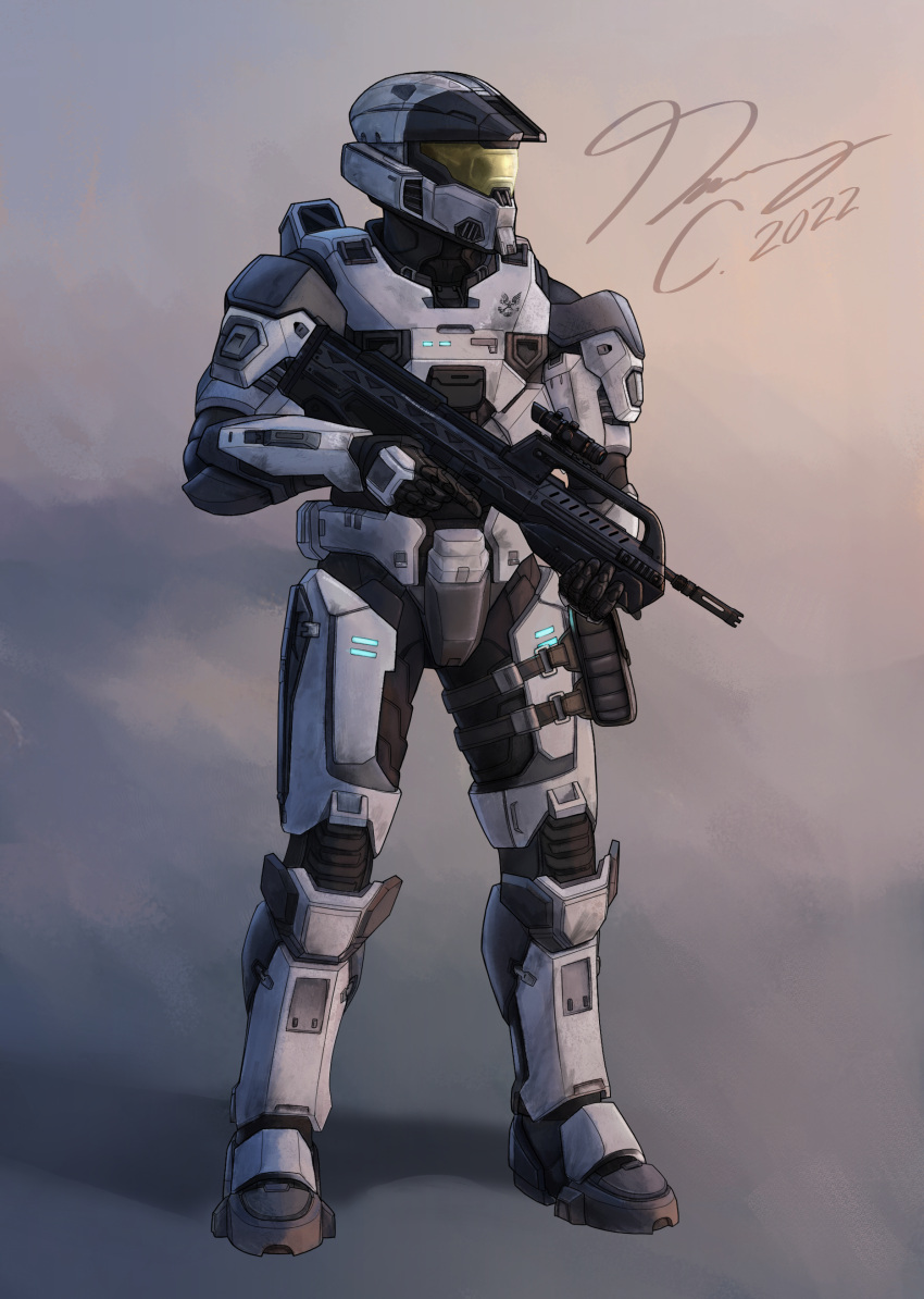 1boy 2022 absurdres armor assault_visor battle_rifle br55 bullpup english_commentary gun halo_(series) halo_infinite highres holding holding_gun holding_weapon looking_to_the_side male_focus pickledgear power_armor rifle science_fiction signature solo spartan_(halo) standing weapon