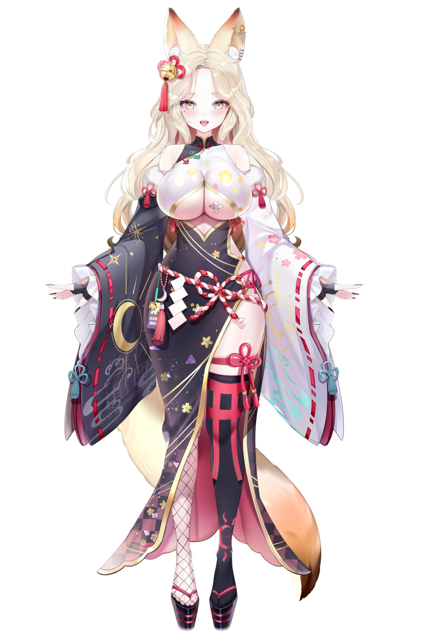 absurdres animal_ear_fluff animal_ears bell black_gloves black_kimono black_nails black_thighhighs blonde_hair breasts crescent female fingernails fishnet_thighhighs fishnets floral_print_kimono flower_knot full_body gloves hair_bell hair_ornament highres indie_virtual_youtuber japanese_clothes kimono kokokon_ranmu large_breasts long_hair mismatched_thighhighs mole mole_under_eye mole_under_mouth multicolored_clothes multicolored_kimono open_mouth piyokuma platform_footwear sharp_fingernails solo tail tassel thighhighs underboob virtual_youtuber white_kimono wide_sleeves yellow_eyes