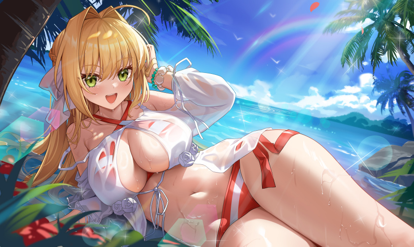 absurdres ahoge bare_shoulders beach bead_bracelet beads bikini blonde_hair blue_sky blush bracelet braid breasts cleavage criss-cross_halter dress earrings fate/grand_order fate_(series) female gown green_eyes hair_bun hair_intakes hair_ribbon halterneck highres jewelry large_breasts long_hair long_sleeves looking_at_viewer navel nero_claudius_(fate) nero_claudius_(swimsuit_caster)_(fate) nero_claudius_(swimsuit_caster)_(third_ascension)_(fate) ocean open_mouth puffy_long_sleeves puffy_sleeves red_bikini ribbon shenqi_xiao_hong_zai_nali sky smile solo striped_bikini striped_clothes swimsuit thighs white_ribbon