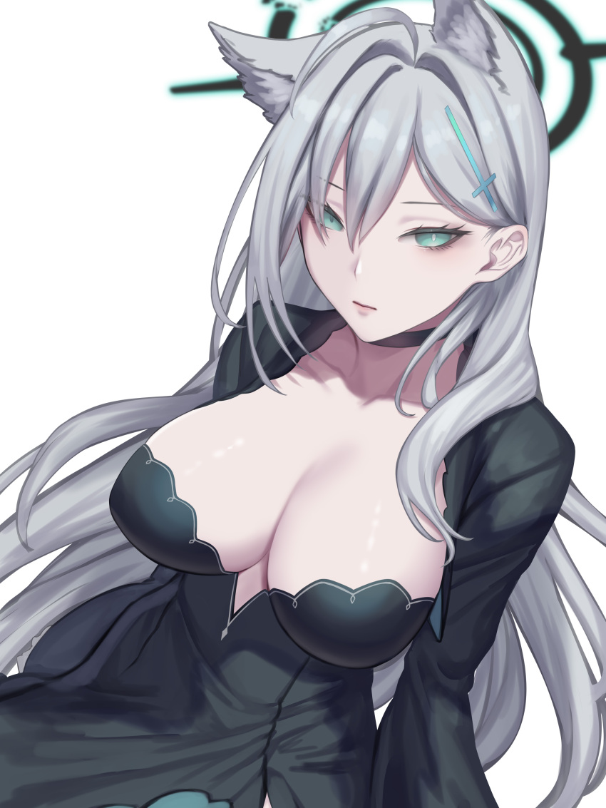 absurdres ahoge animal_ear_fluff animal_ears black_dress black_halo blue_archive breasts cleavage closed_mouth collarbone cross_hair_ornament dress female green_eyes grey_hair hair_between_eyes hair_ornament halo highres kumiko_shiba large_breasts long_hair looking_at_viewer mismatched_pupils shiroko_(blue_archive) shiroko_terror_(blue_archive) simple_background solo white_background wolf_ears